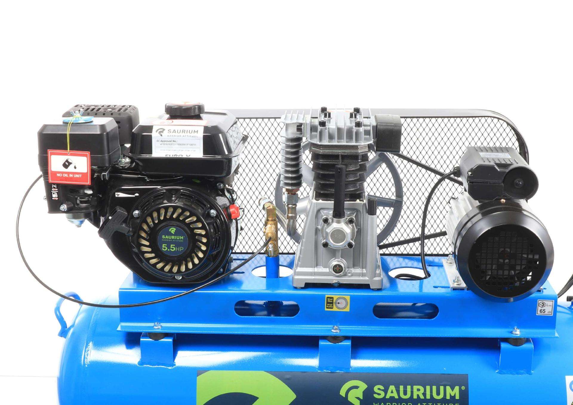 Compressor de Ar, Gasolina + Elétrico, 150L, 5.5HP refª 37154 SAURIUM