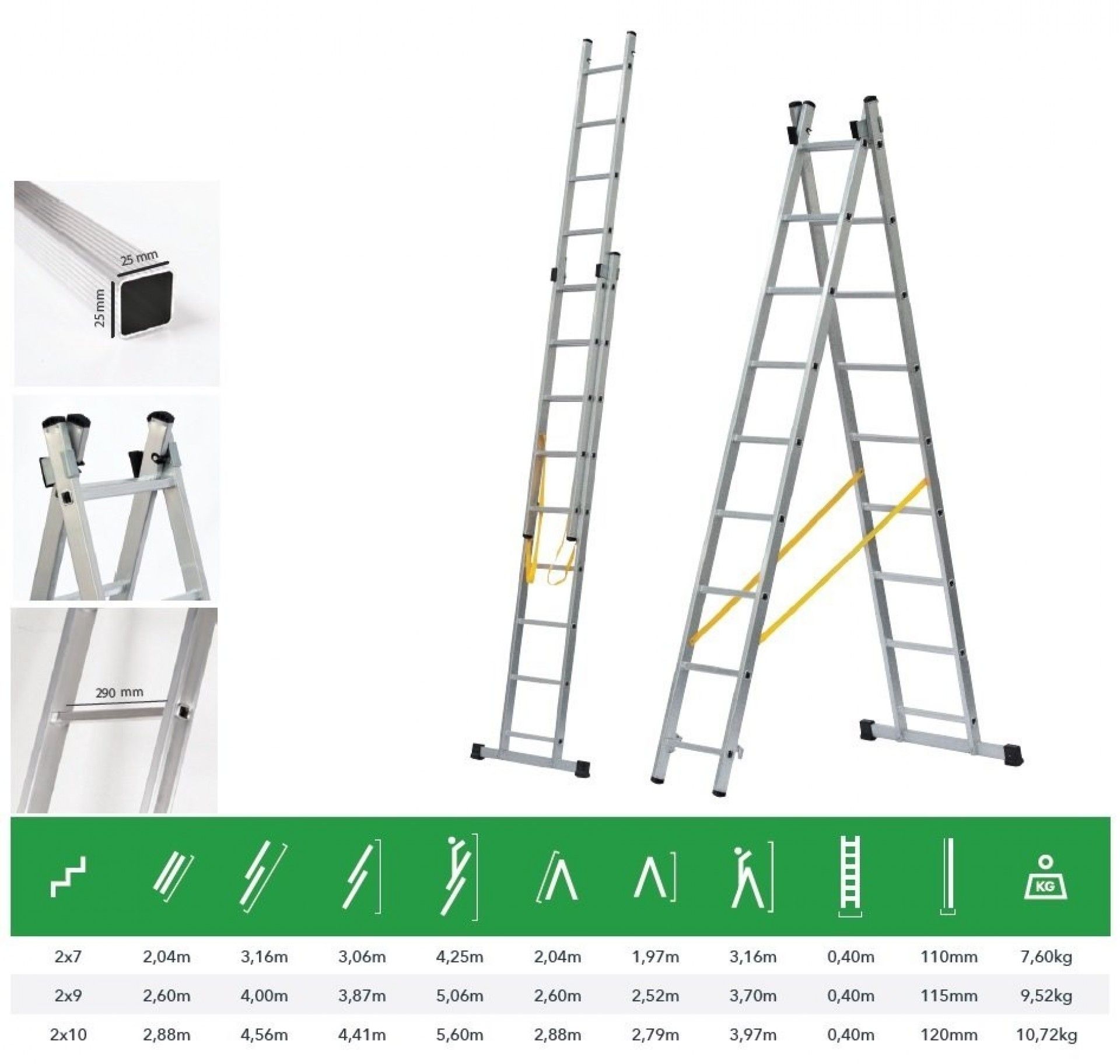 Escada aluminio TREK 2x7, degrau quadrado (25x25mm) Teicocil
