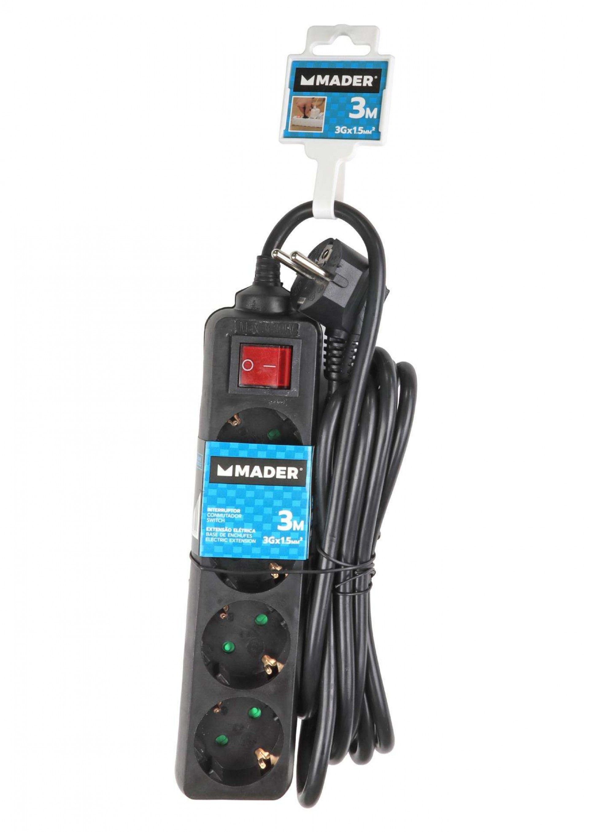 Extensão Elétrica, com Interruptor, Preta, 4 Tomadas, 3m, 3G x 1.5mm² refª 89350 MADER