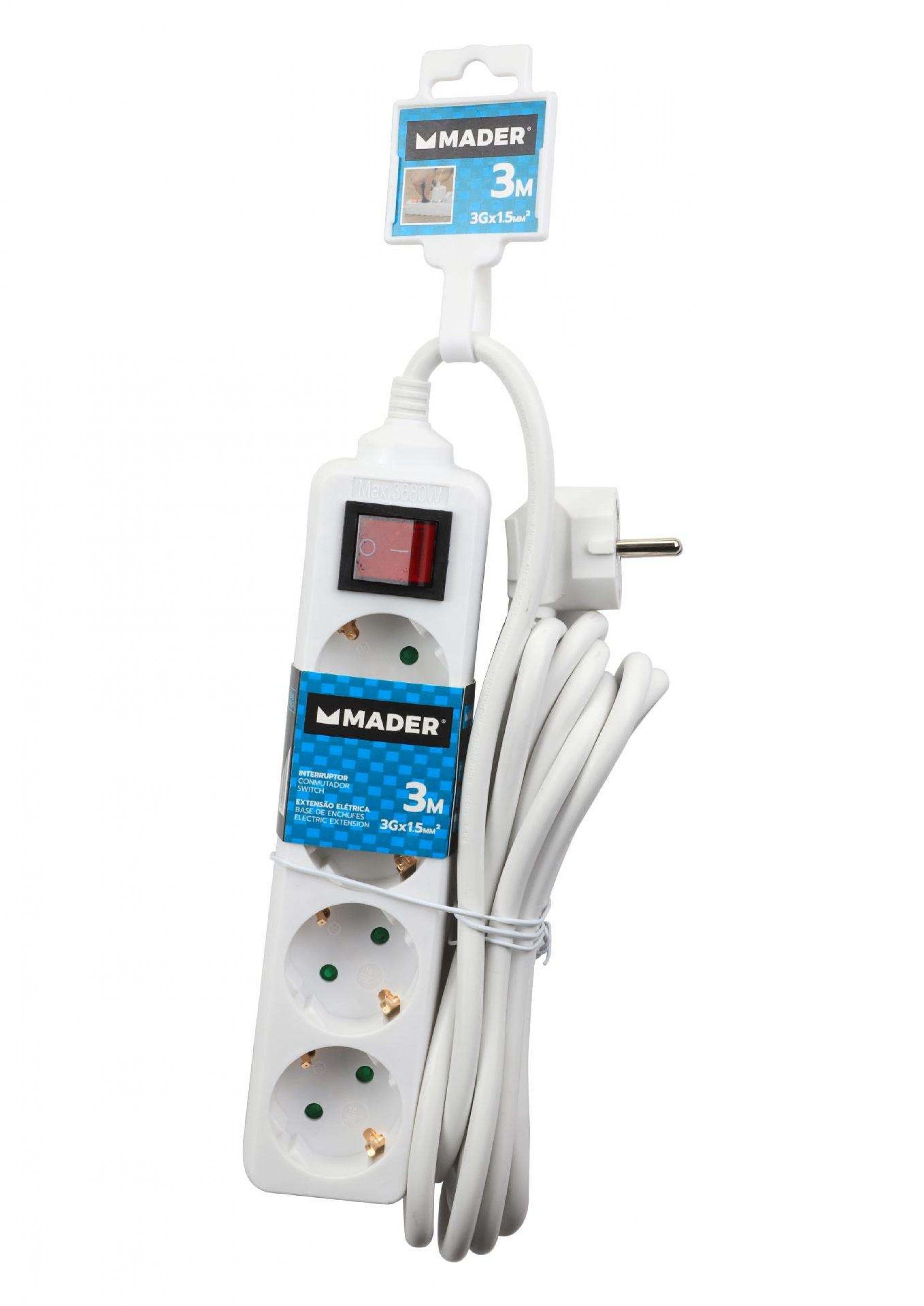 Extensão Elétrica, com Interruptor, Branca, 4 Tomadas, 3m, 3G x 1.5mm² refª 89349 MADER