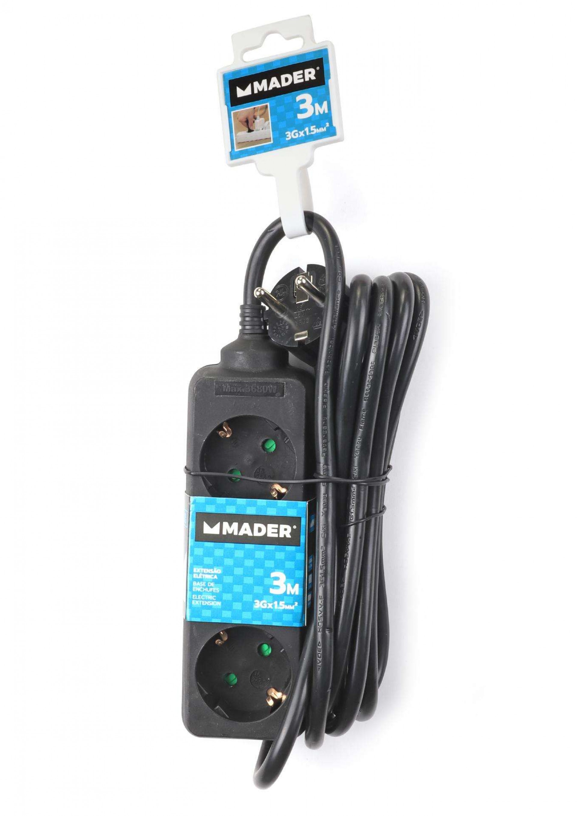 Extensão Elétrica, Preta, 3 Tomadas, 3m, 3G x 1.5mm² refª 89334 MADER