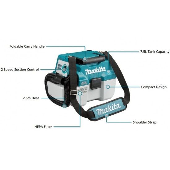 Aspirador Porttil BL 18V LXT 7,5L HEPA sem baterias e sem carregador ref DVC750LZX1 Makita