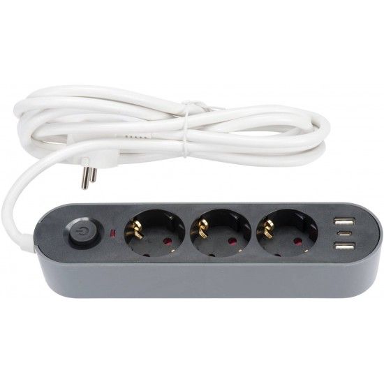 Extenso eltrica com interrruptor 3 tomadas + 3 USB GS03KU 3G1,5mm2 3,0m ref 065.0061 MACFER