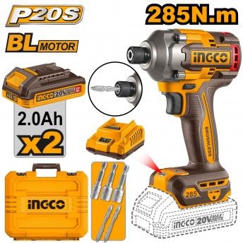 Aparafusadora Impacto 285Nm Brushless 2 baterias 2.0Ah c/mala e acesrios ref CIRLI2028E Ingco