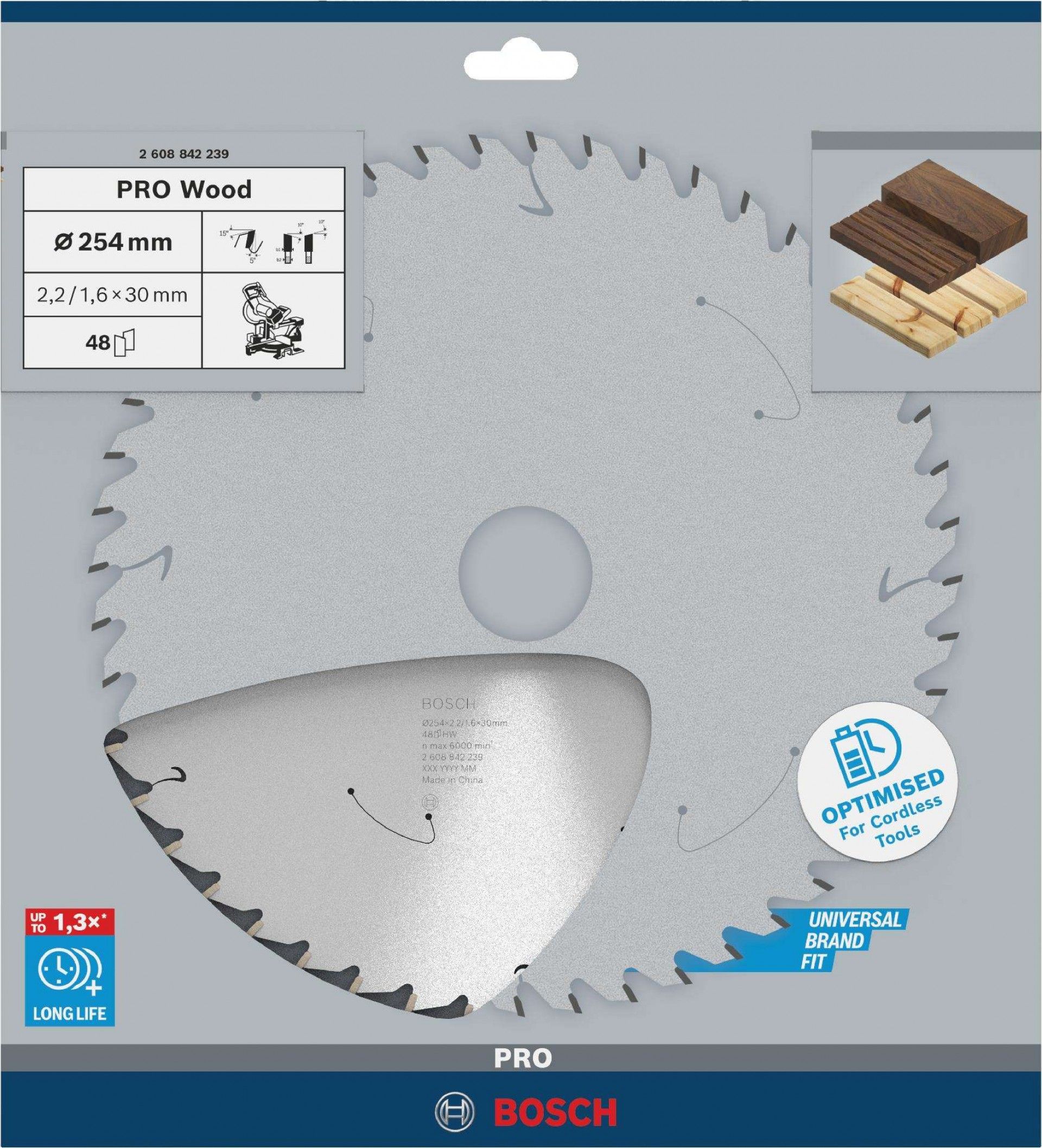 Disco PRO Wood cordless, 254 x 2,2 x 30 mm, T48 refª 2608842239 BOSCH
