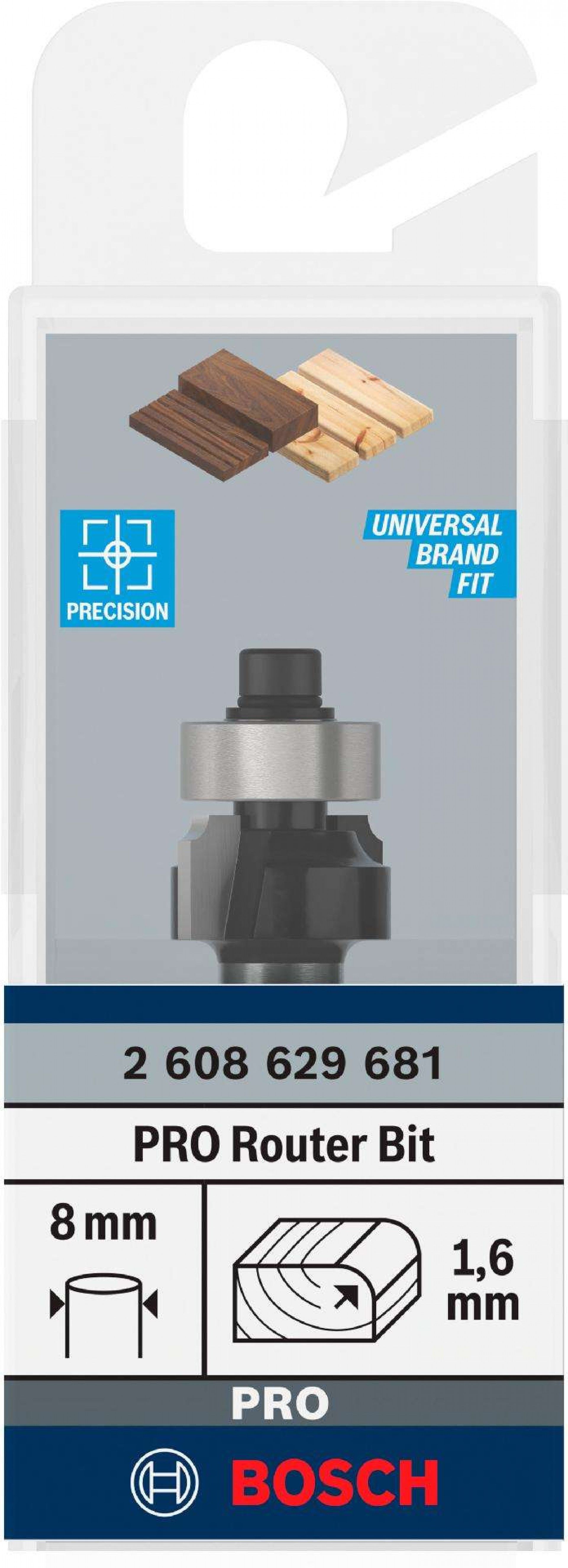 Fresa de arredondar para tupia PRO, R 1,6, encabadouro de 8mm refª 2608629681 BOSCH