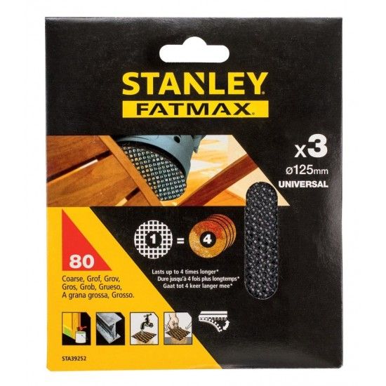 3 folhas de lixa de malha 125mm para multilijadora, com velcro.Grão 80 refª STA39252-XJ STANLEY 3 folhas de lixa de malha 125mm para multilijadora, com velcro.Grão 80 refª STA39252-XJ STANLEY