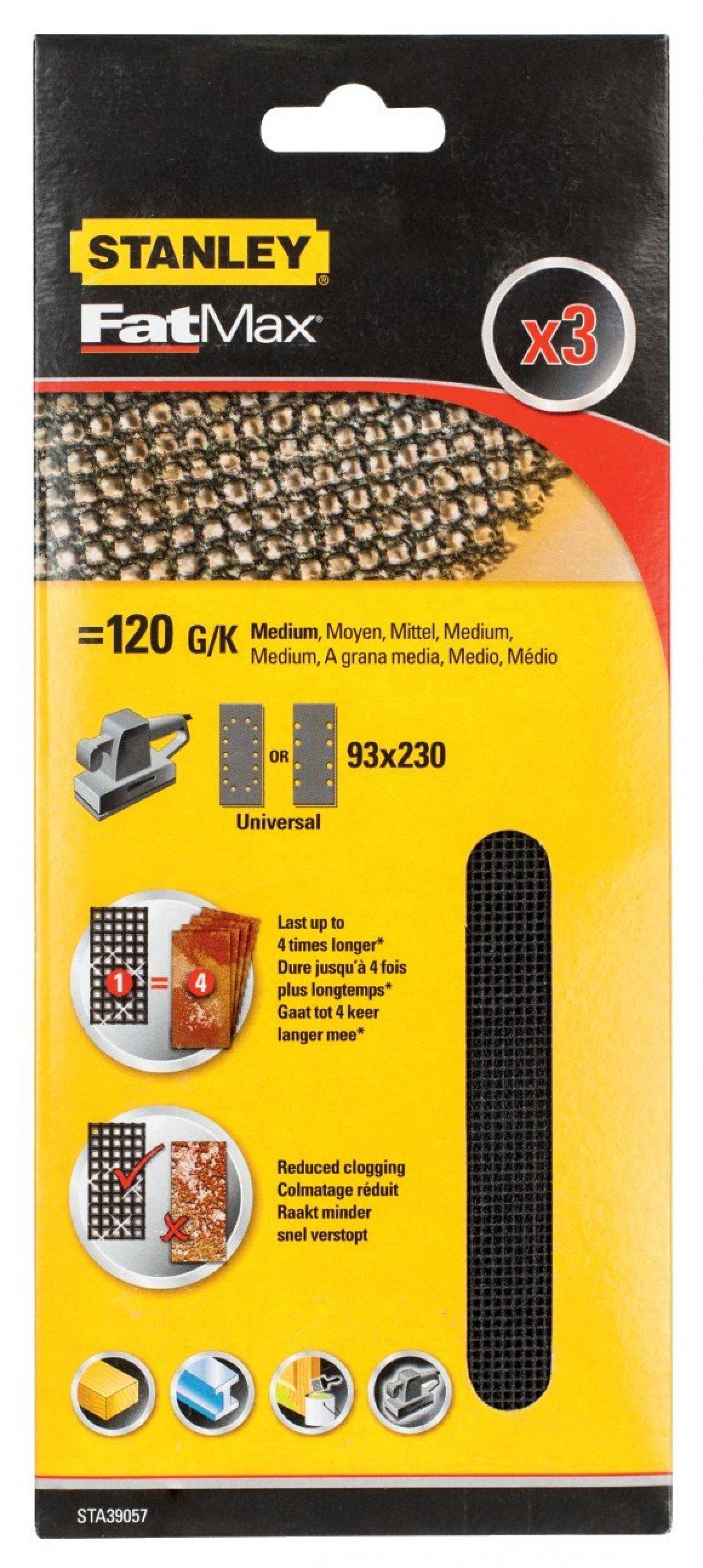 3 folhas de lixa de malha 1/3 (93x190mm), não velcro.Grão 120 refª STA39057-XJ STANLEY