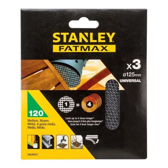 3 folhas de lixa de malha 125mm para multilijadora, com velcro.Gro 120 ref STA39257-XJ STANLEY
