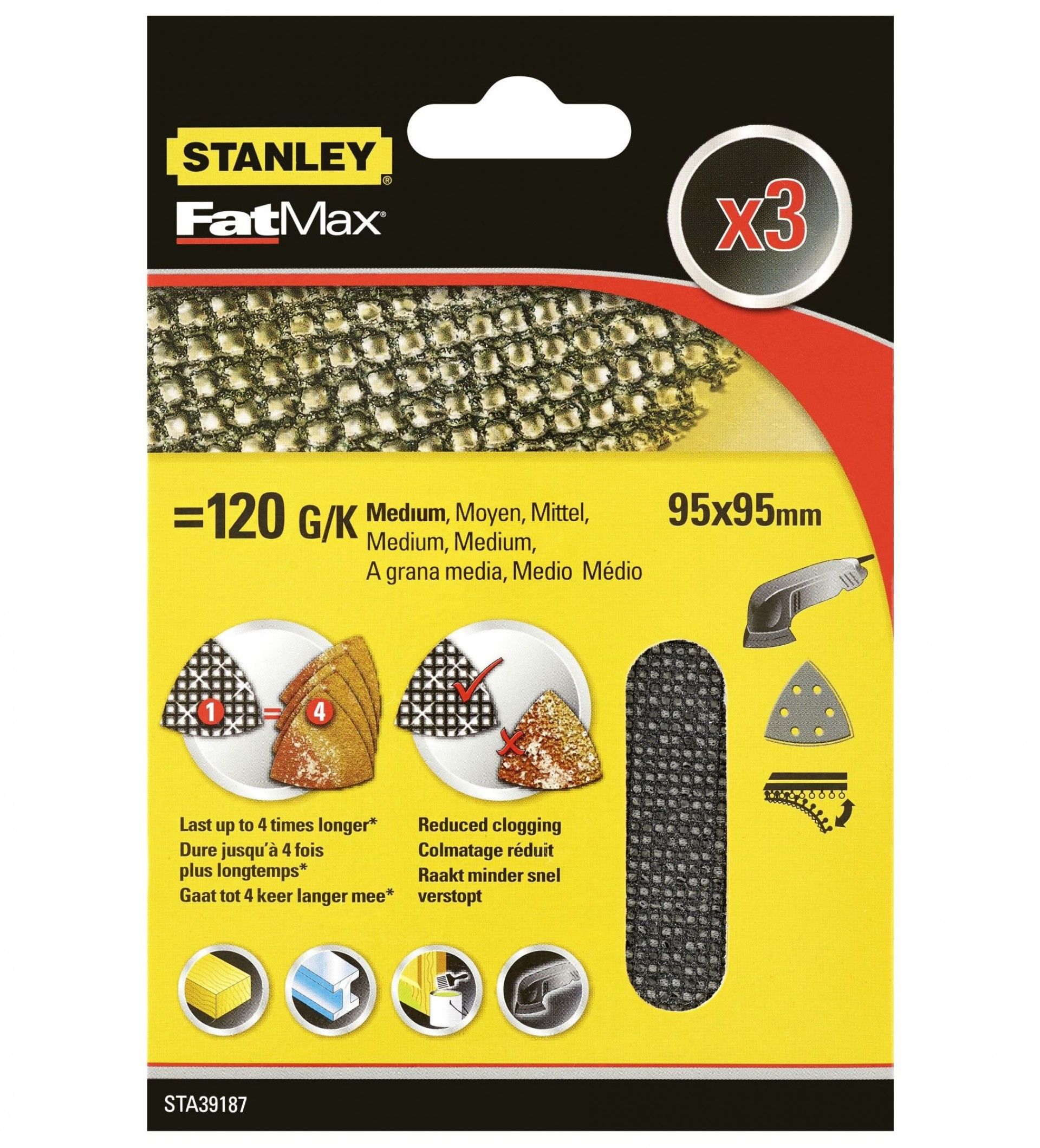 3 folhas de lixa de malha para os detalhes com velcro.Grão 120 refª STA39187-XJ STANLEY