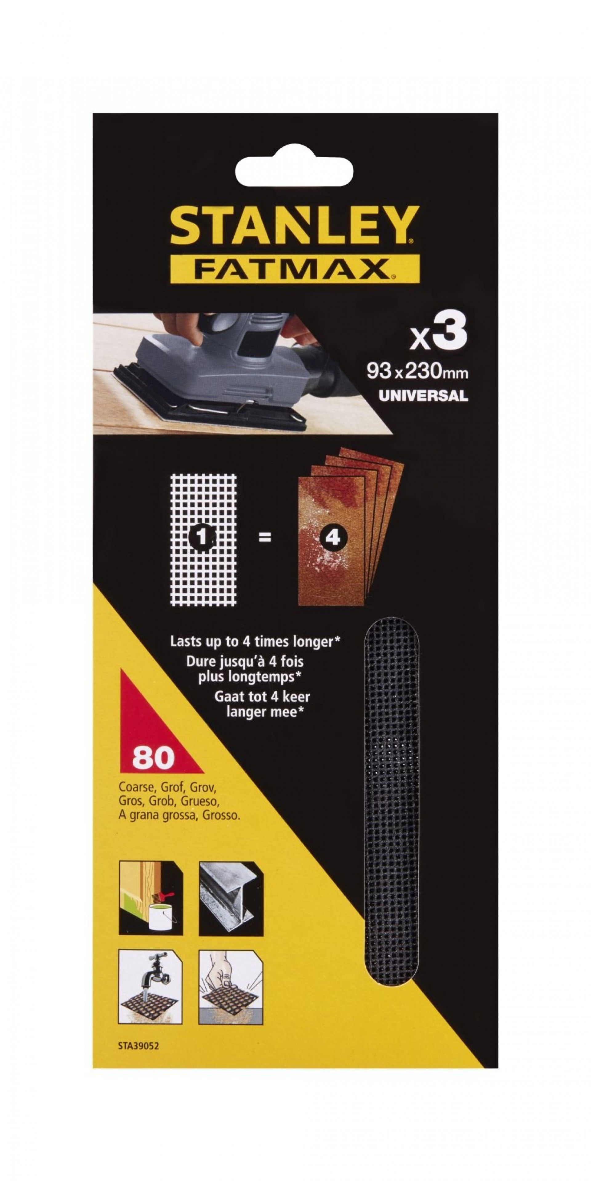 3 folhas de lixa de malha 1/3 (93x230mm) não velcro.Grão 80 refª STA39052-XJ STANLEY