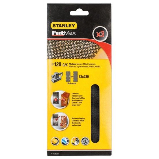 3 folhas de lixa de malha 1/3 (93x190mm), n�o velcro.Gr�o 120 ref� STA39057-XJ STANLEY
