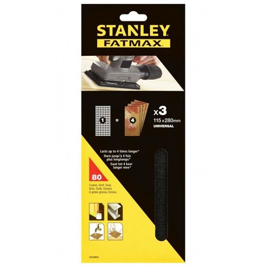 3 folhas de lixa de malha 1/2 (115x280mm), no velcro.Gro 80 ref STA39002-XJ STANLEY