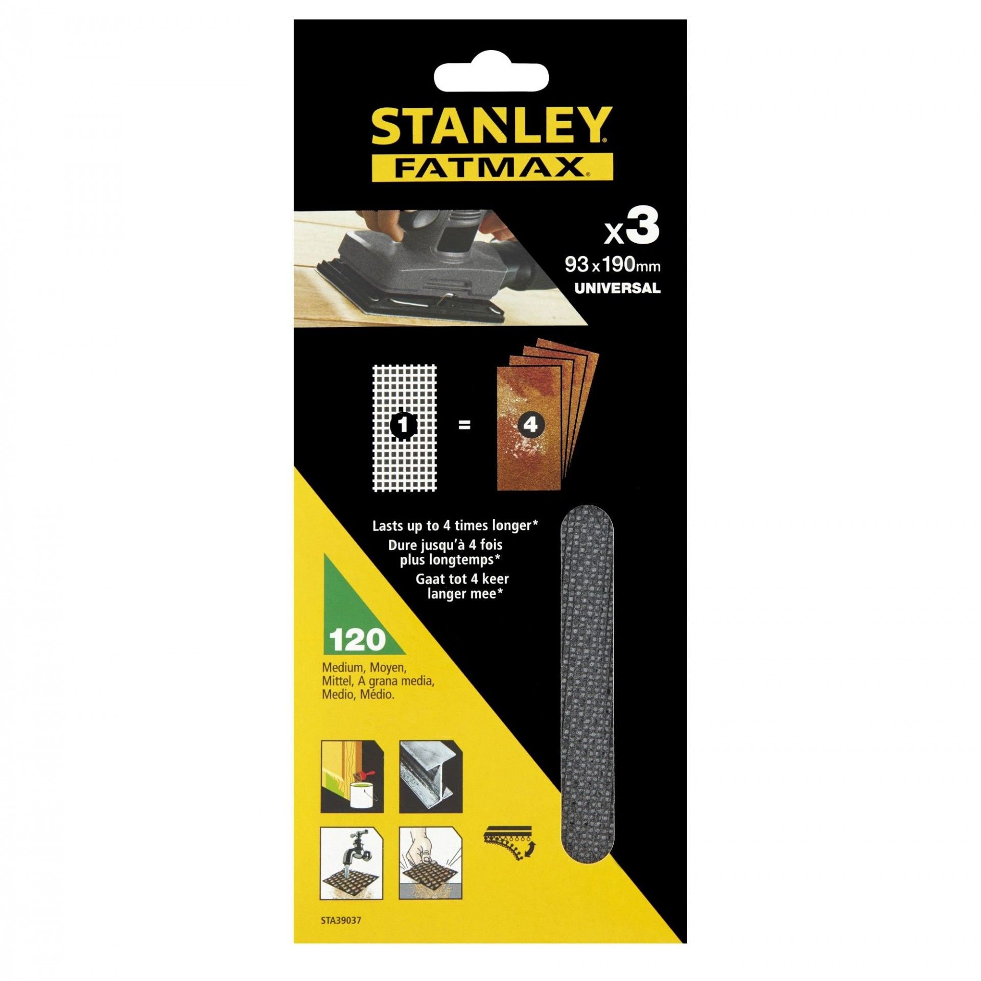 3 folhas de lixa de malha 1/3 (93x190mm), com velcro, Grão 120 refª STA39037-XJ STANLEY