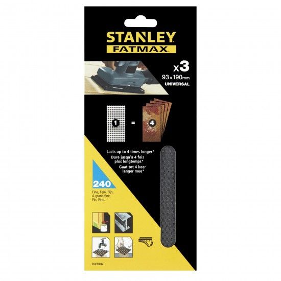 3 folhas de lixa de malha 1/3 (93x190mm), com velcro, Gro 240 ref STA39042-XJ STANLEY