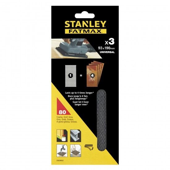 3 folhas de lixa de malha 1/3 (93x190mm), com velcro, Gro 80 ref STA39032-XJ STANLEY