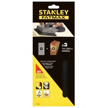 3 folhas de lixa de malha 1/2 (115x280mm), no velcro.Gro 80 ref STA39002-XJ STANLEY