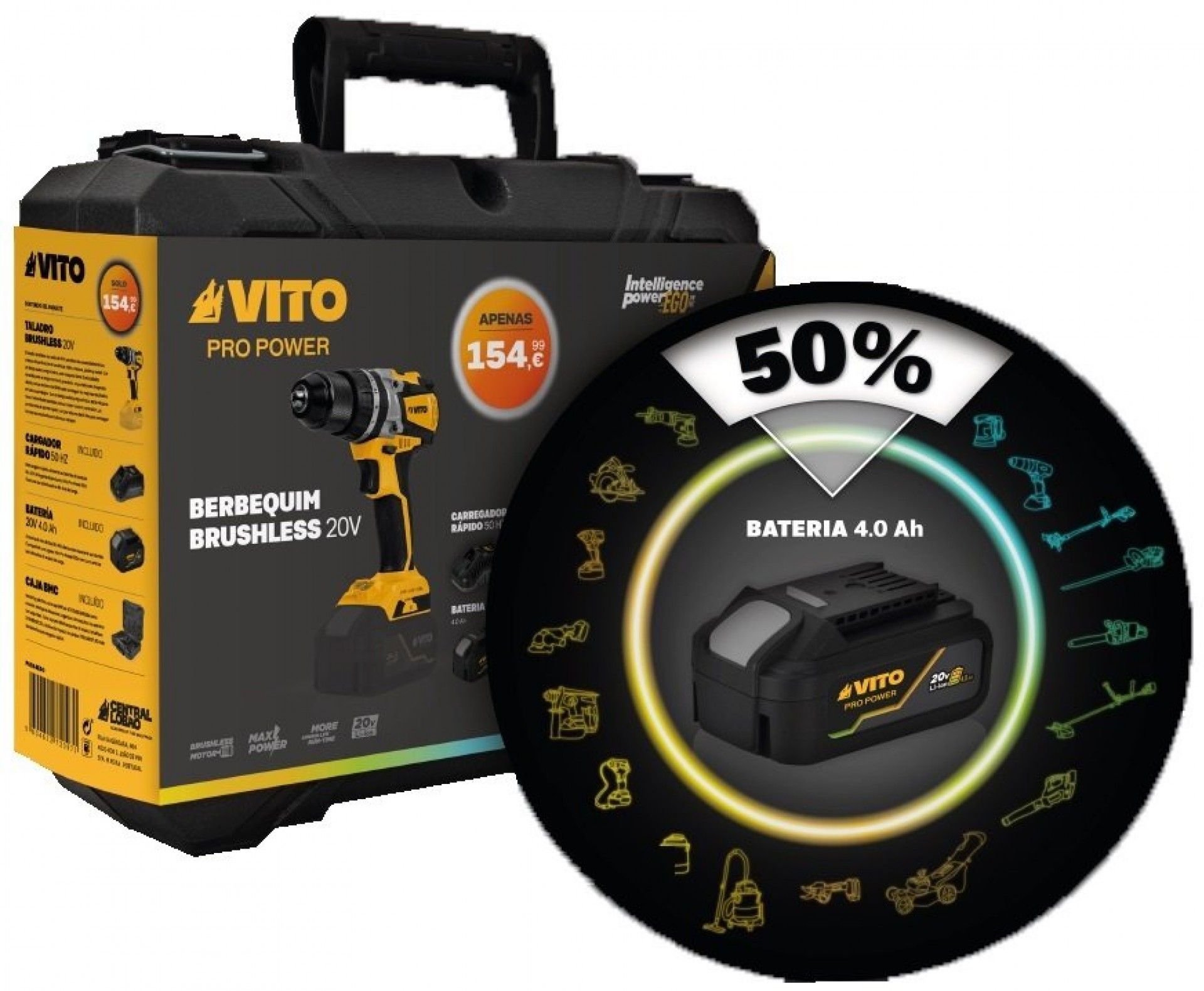 Aparafusadora brushless + 1bat 4.0Ah + carregador refª PACK4EGO VITO
