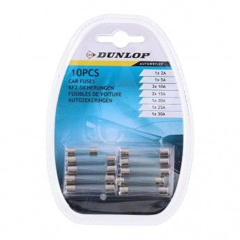 Set de 10 fusíveis variados de vidro para carro cores / modelos diversos refª 99550 DUNLOP Set de 10 fusíveis variados de vidro para carro cores / modelos diversos refª 99550 DUNLOP