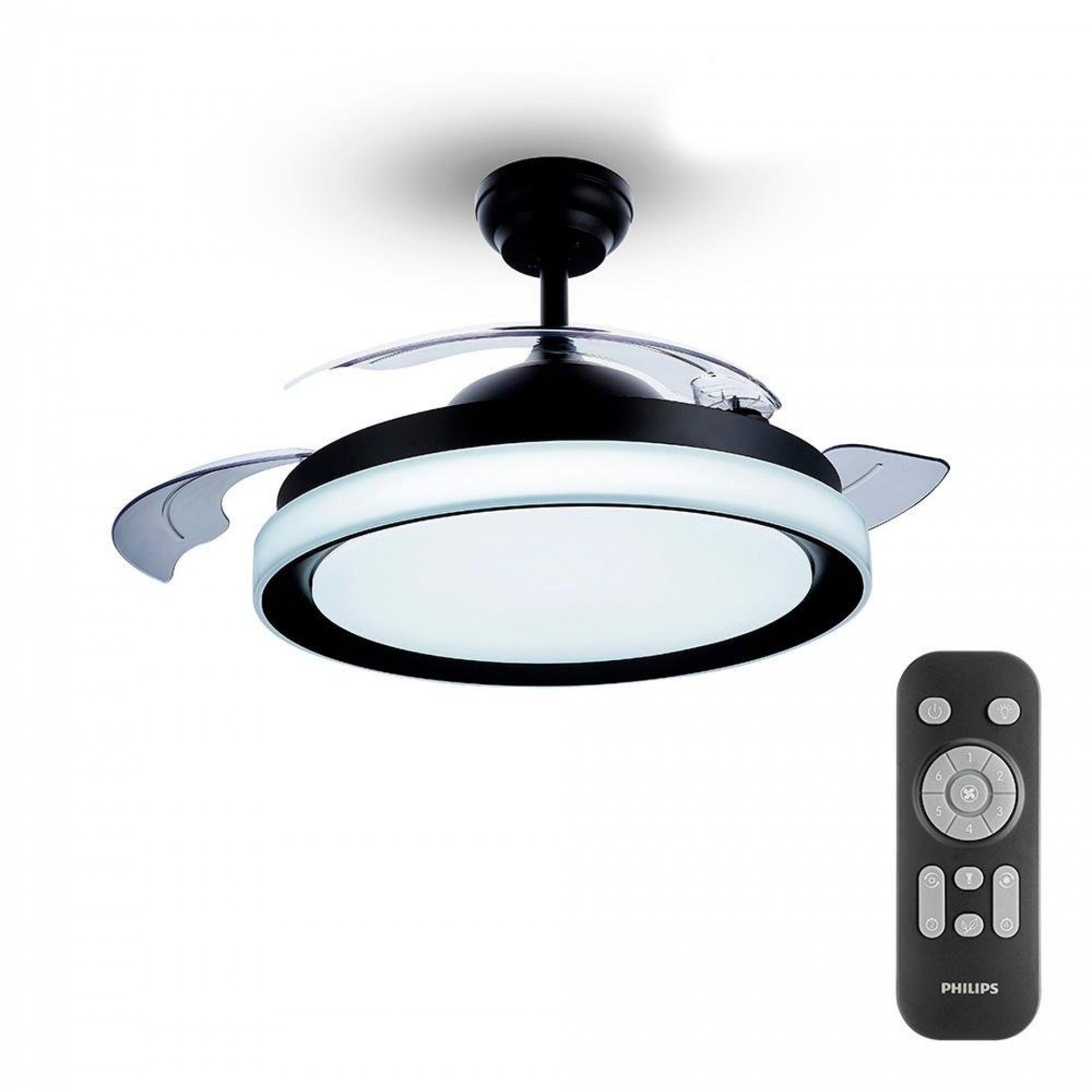Ventoinha de teto led modelo atlas. cor preto. potência: 28+35w lâminas: ø106cm com controle remoto