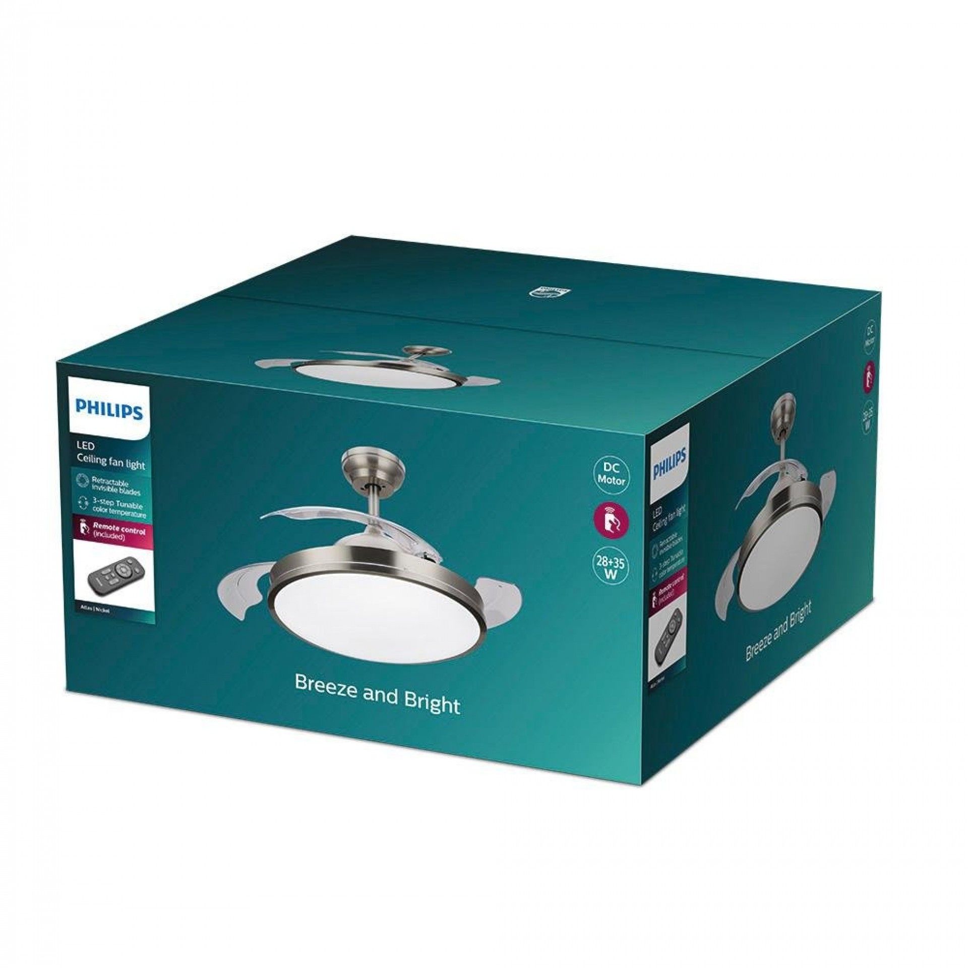 Ventoinha de teto de led modelo atlas. cor nikel. potência: 28+35w lâminas: ø106cm com controle remo