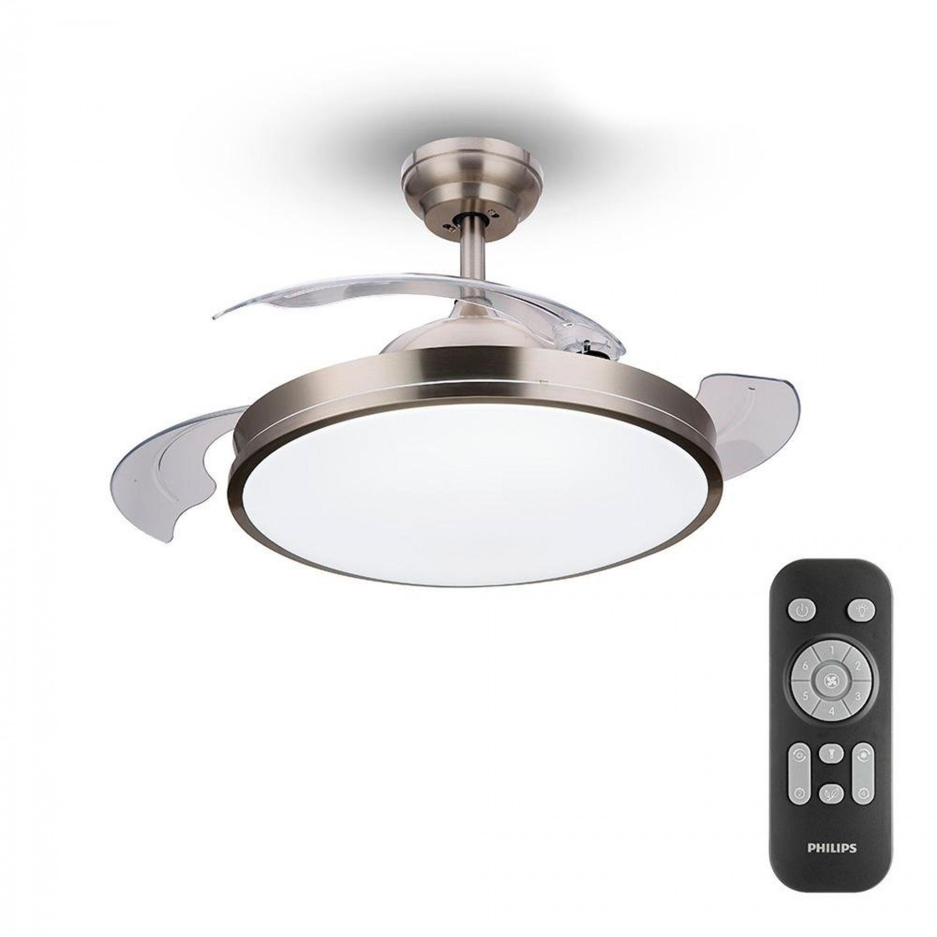 Ventoinha de teto de led modelo atlas. cor nikel. potência: 28+35w lâminas: ø106cm com controle remo