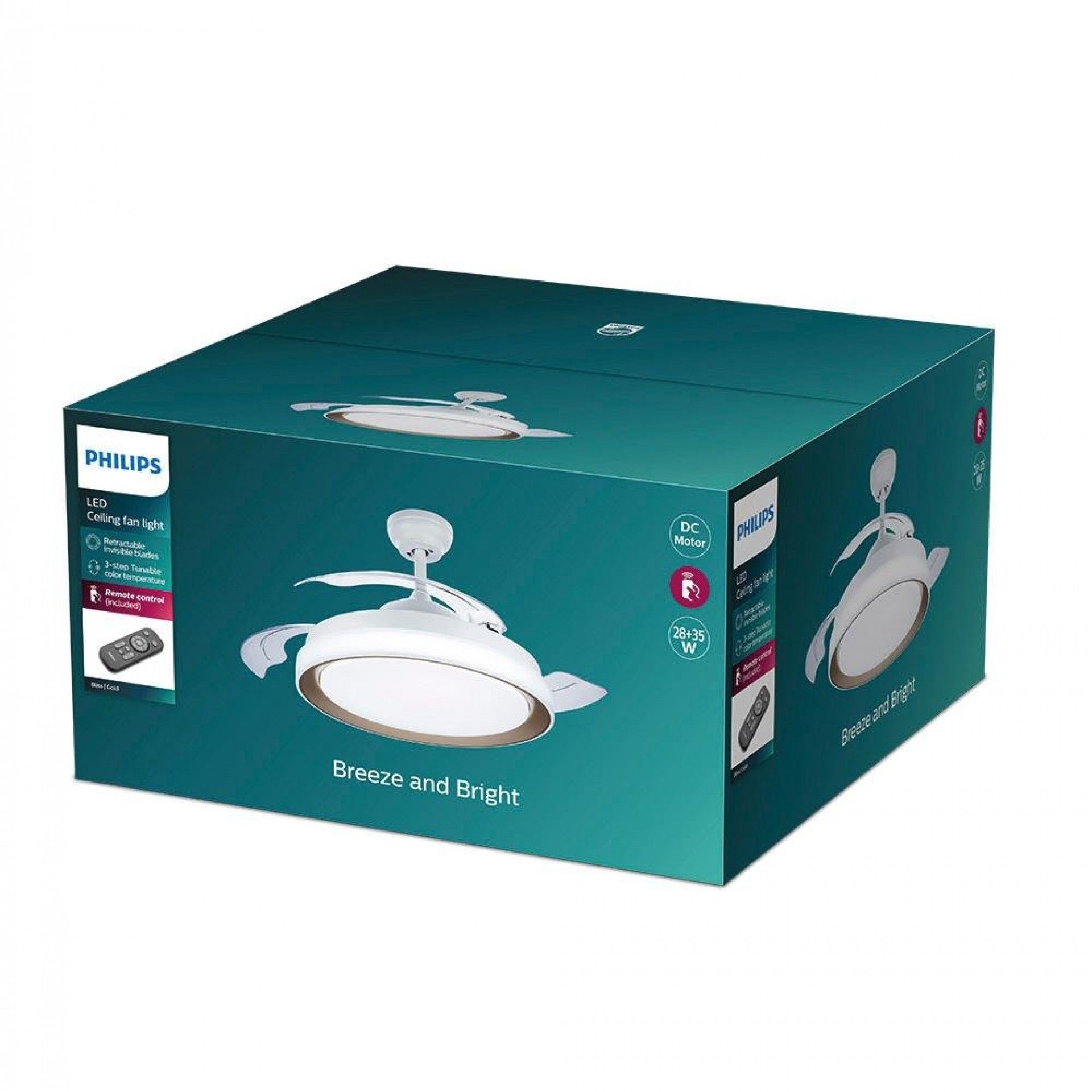 Ventoinha de teto de led modelo atlas. cor dourado. potência: 28+35w lâminas: ø106cm com controle re