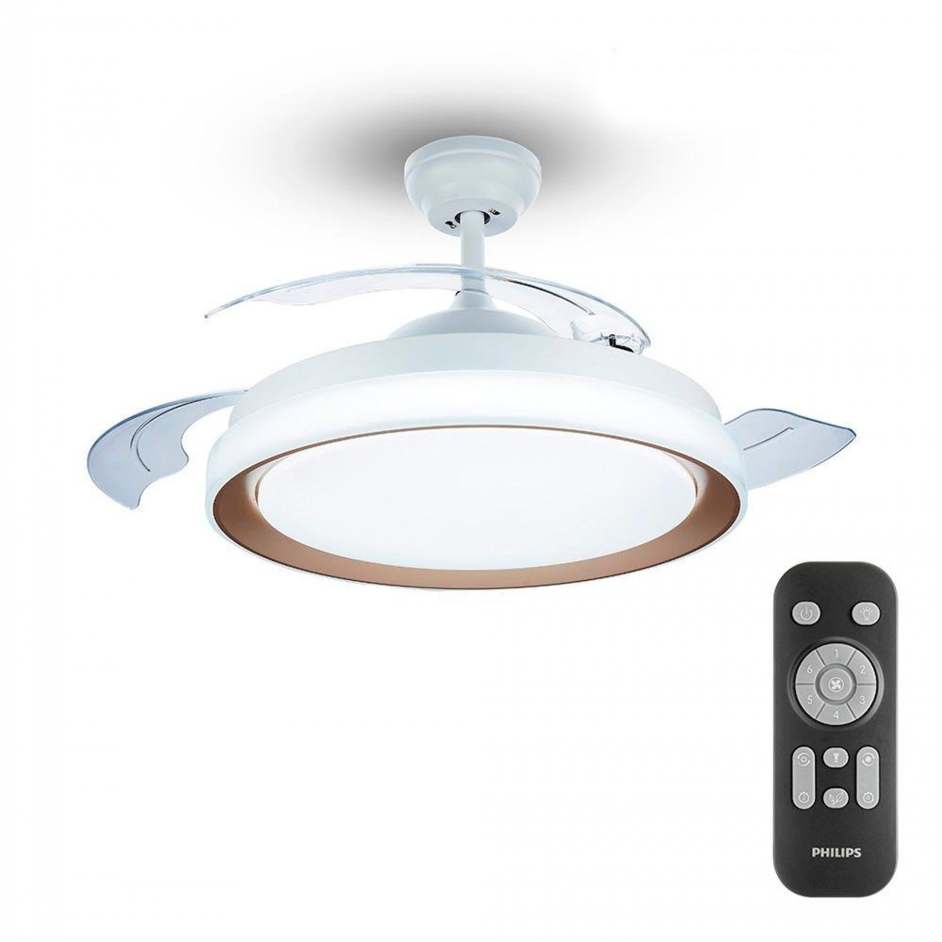 Ventoinha de teto de led modelo atlas. cor dourado. potência: 28+35w lâminas: ø106cm com controle re