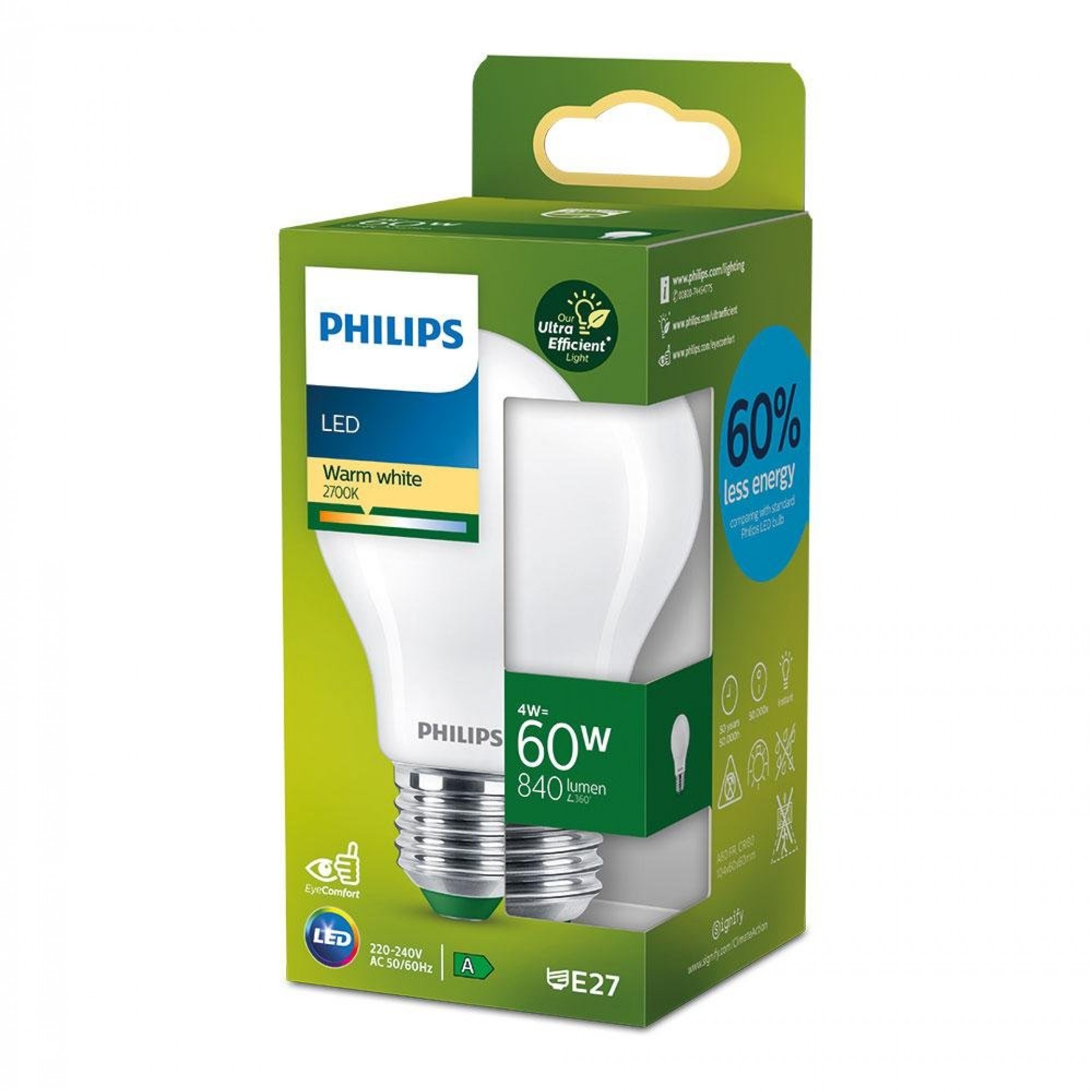 Lâmpada ultra efficient led classic 4w 840im e27 2700k, ø6x10,4cm, refª 93072 PHILIPS