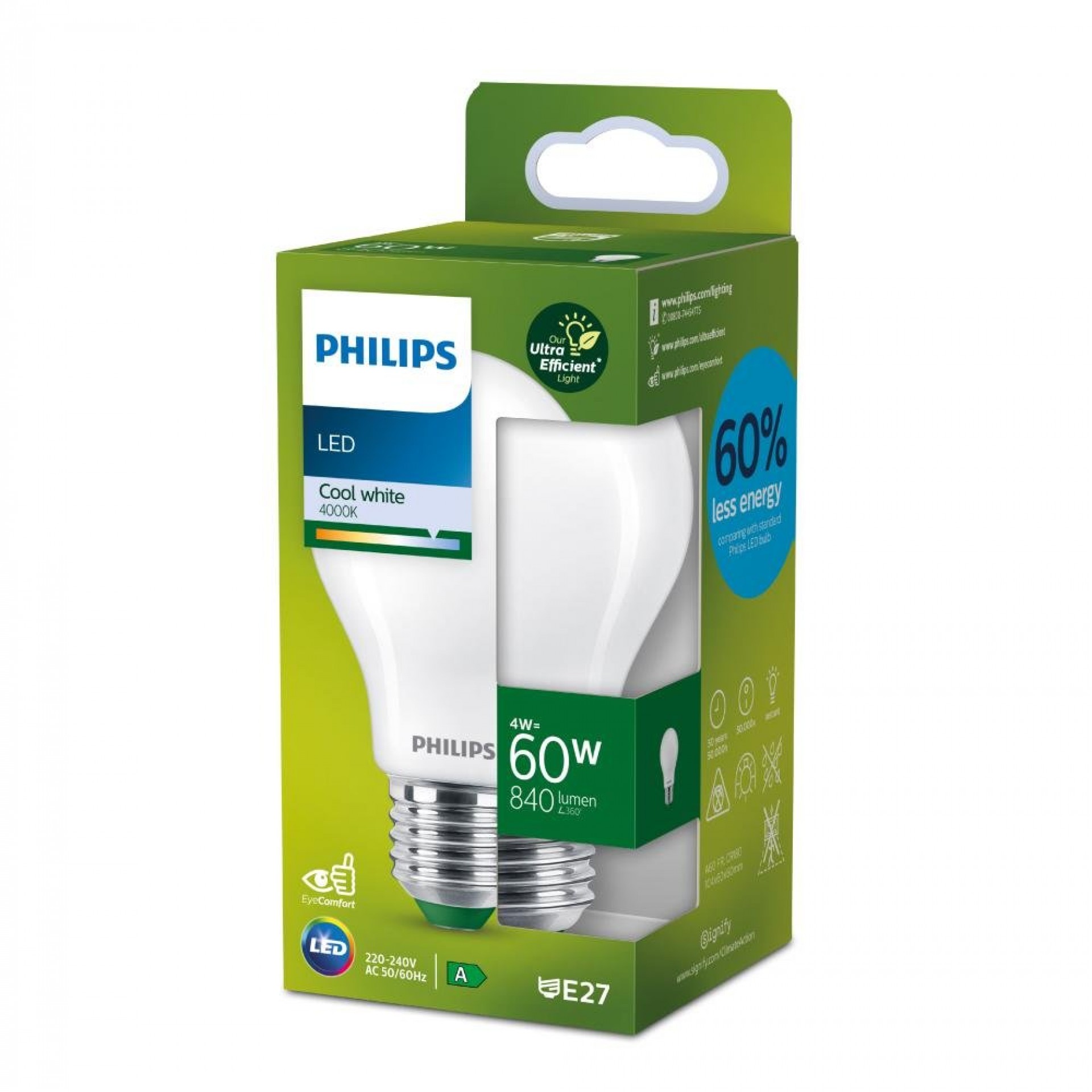 Lâmpada ultra efficient led classic 4w 840im e27 4000k, ø6x10,4cm, refª 93073 PHILIPS