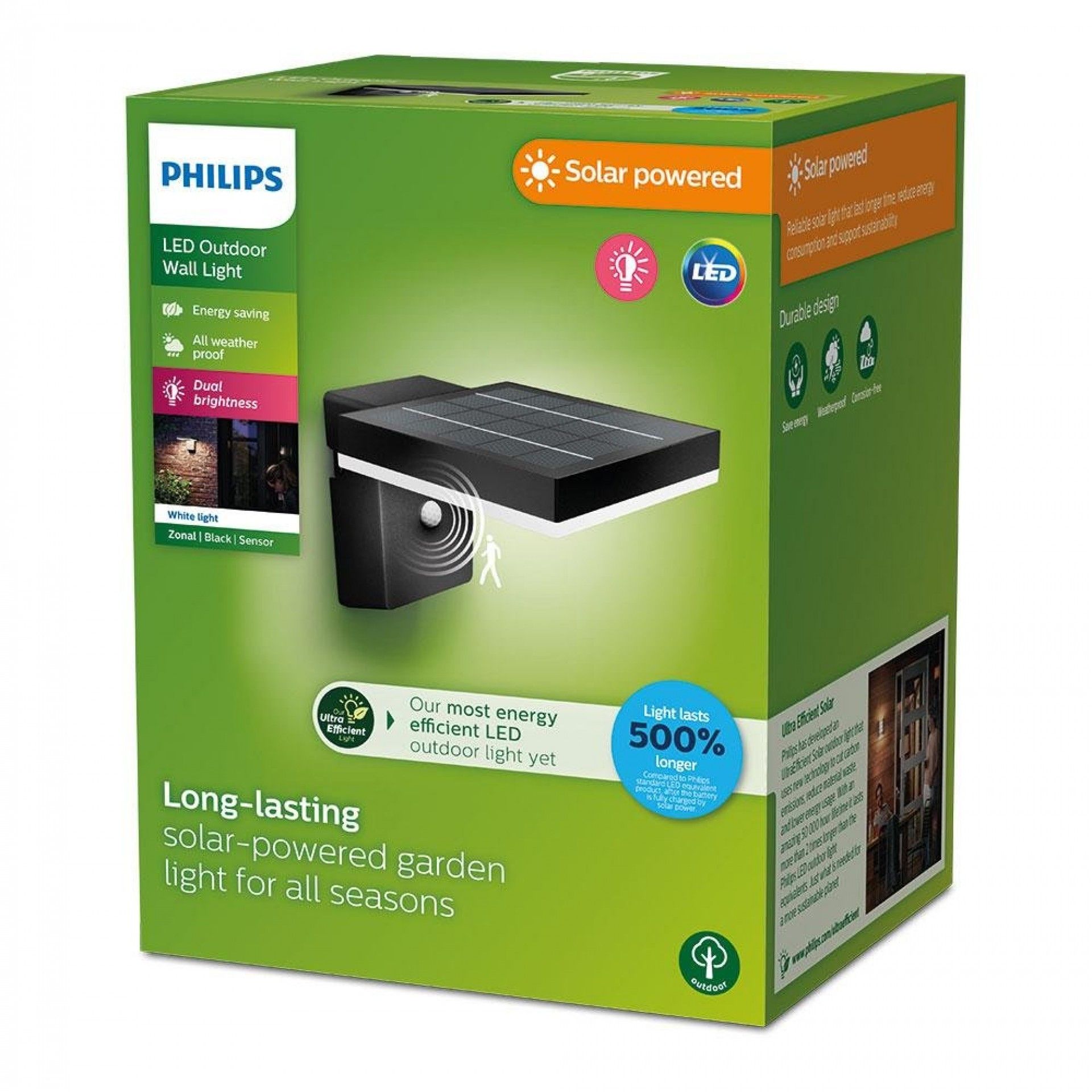 Aplique solar mural quadrado ultraeficiente,ip44 1,3w, 250im 3000k, luz quente, refª 93065 PHILIPS
