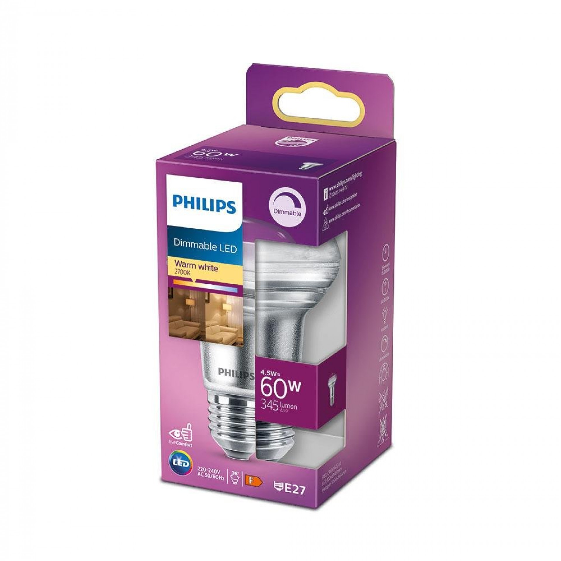 Lâmpada led 36d 4,5w r63, 345im e27 2700k. refª 93050 PHILIPS