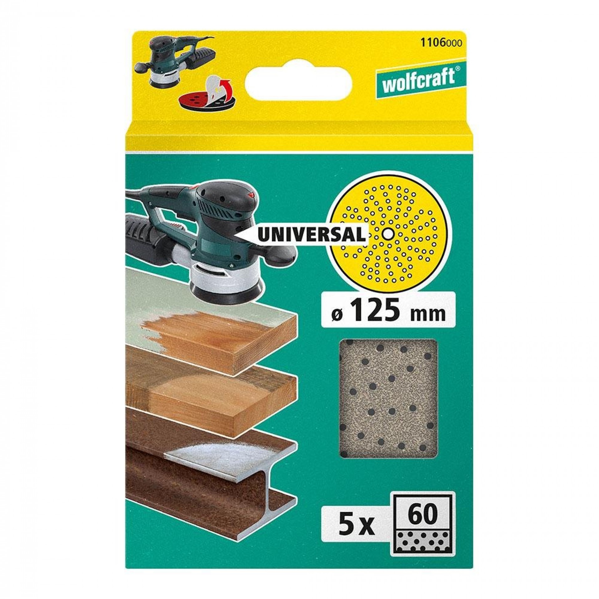 Disco para lixa multiorifício para lixadora excêntrica ø125mm, grão 60 1106000 refª 82400 WOLFCRAFT