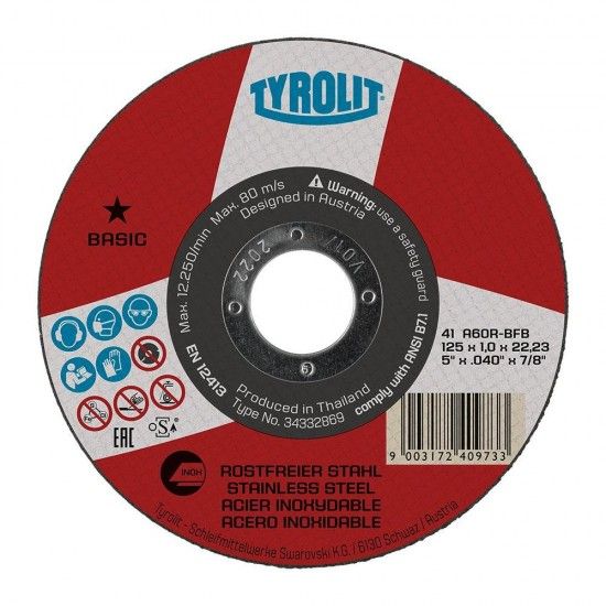Disco de corte plano 41c 125x1x22,23 a60r-bfb ref 82011 TYROLIT