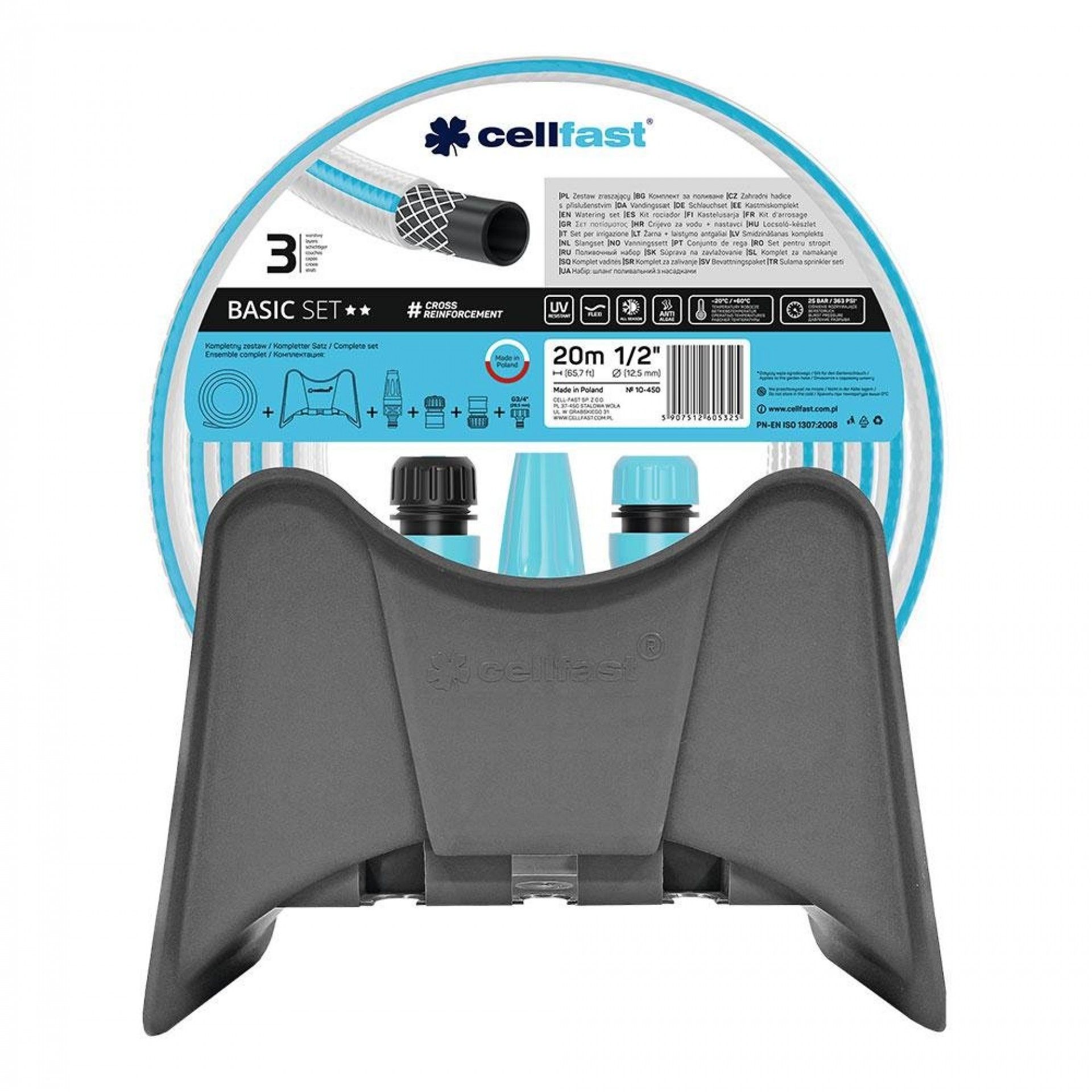 Kit de rega basic, mangueira 12,5mmx20m, suporte parede e conectores refª 75608 CELLFAST