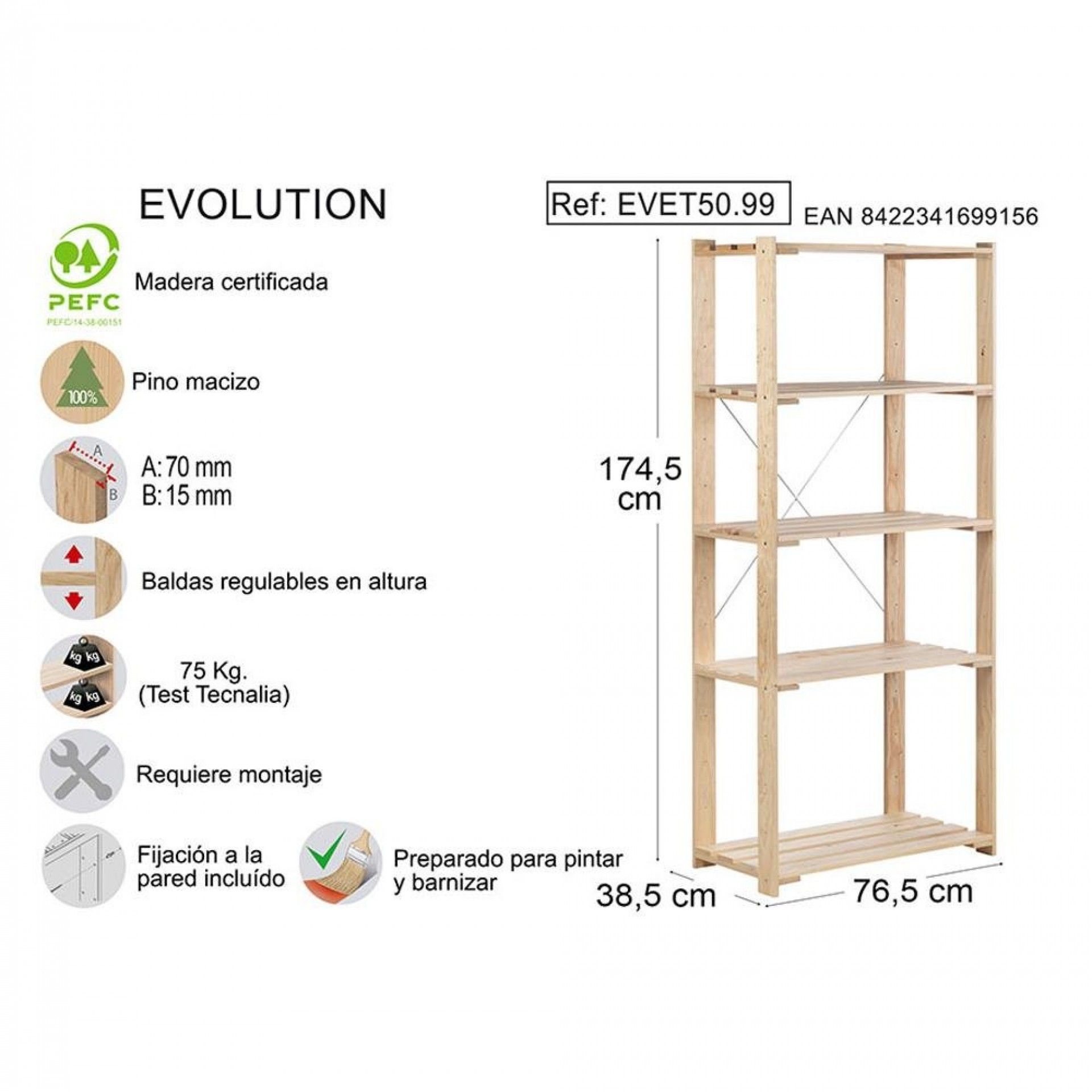 Estante 5 prateleiras evolution 5, 76,5x38,5x174,5cm pinho maciço refª 75260 ASTIGARRAGA