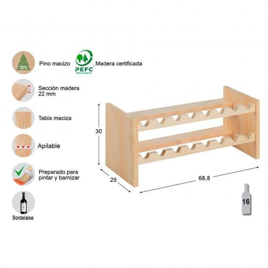 Garrafeira de pinho maciço merlot 16 garrafas 68,8x25x30cm refª 75266 ASTIGARRAGA Garrafeira de pinho maciço merlot 16 garrafas 68,8x25x30cm refª 75266 ASTIGARRAGA