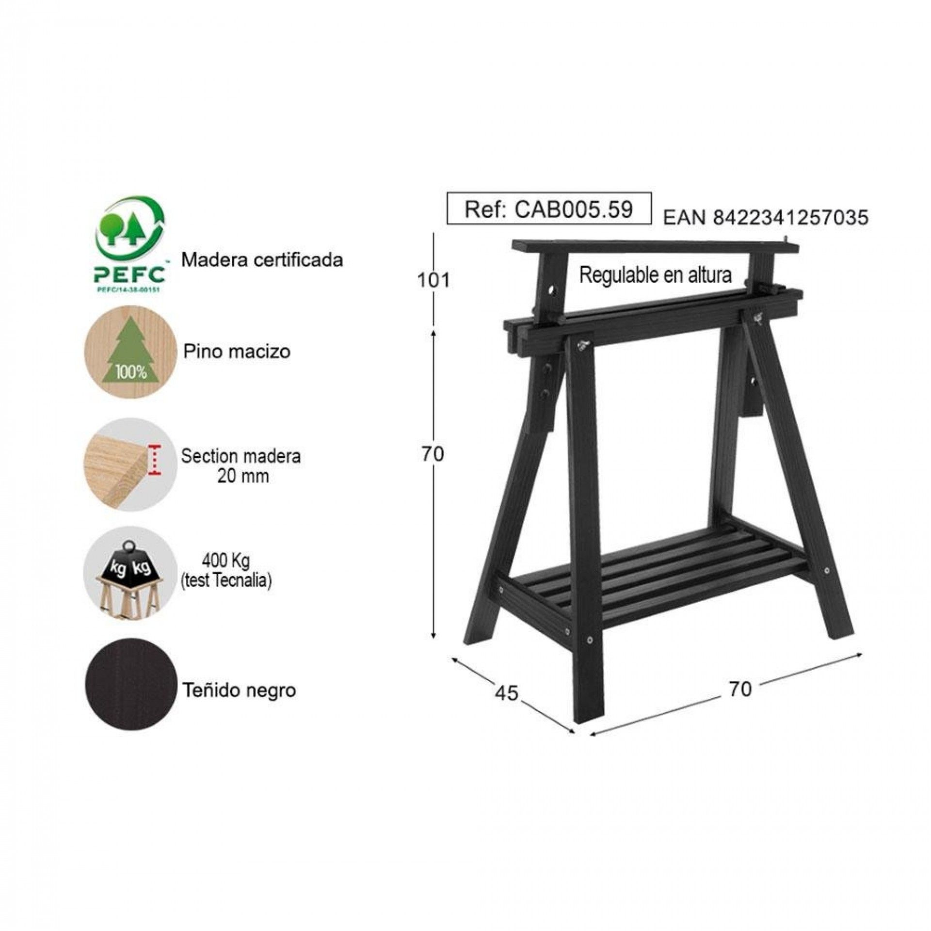 Cavalete architect pinho maciço preto 70-101x45x70cm refª 75242 ASTIGARRAGA