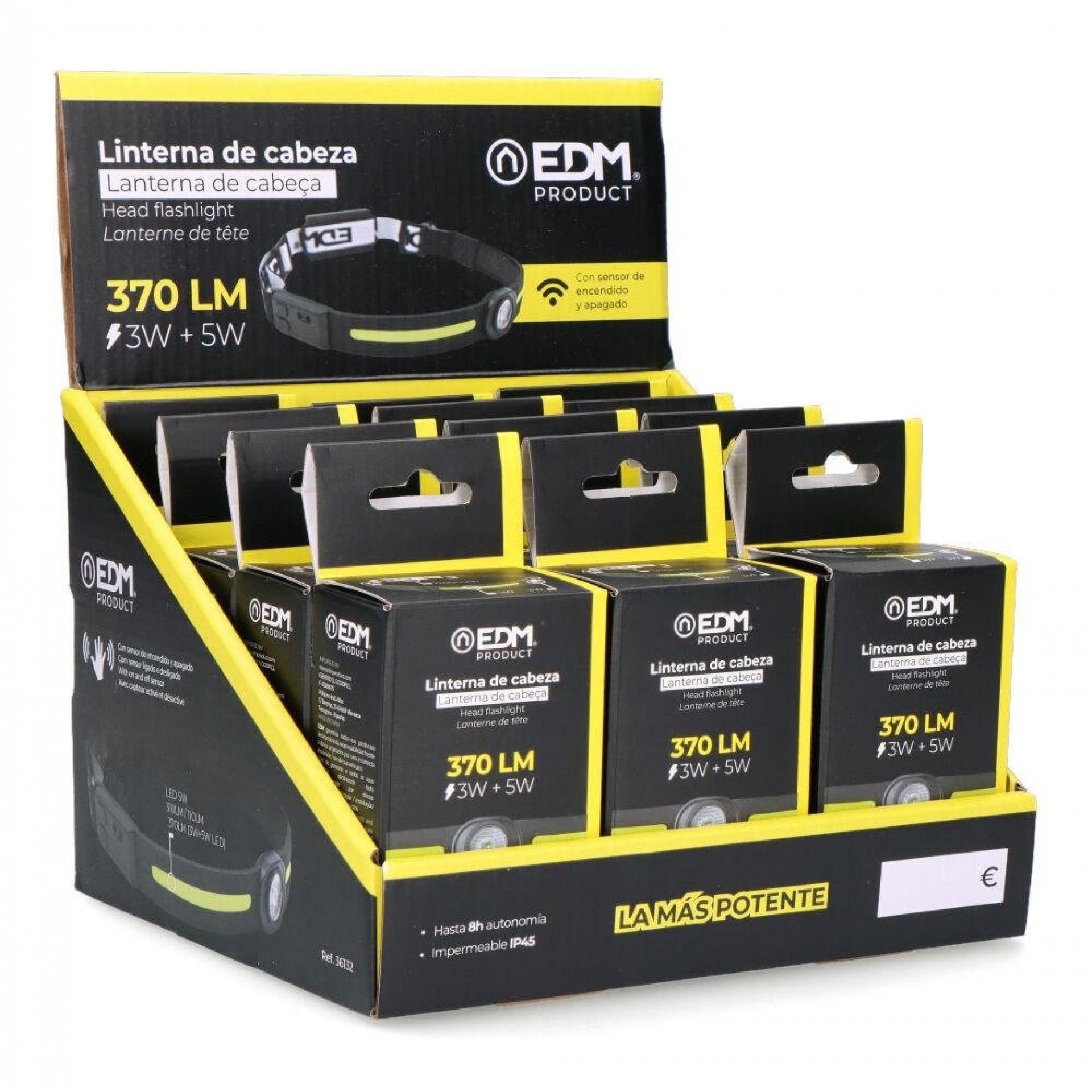 Lanterna de cabeça 3w + 5w leds cob 2 leds 370lm 1200mah refª 36132 EDM