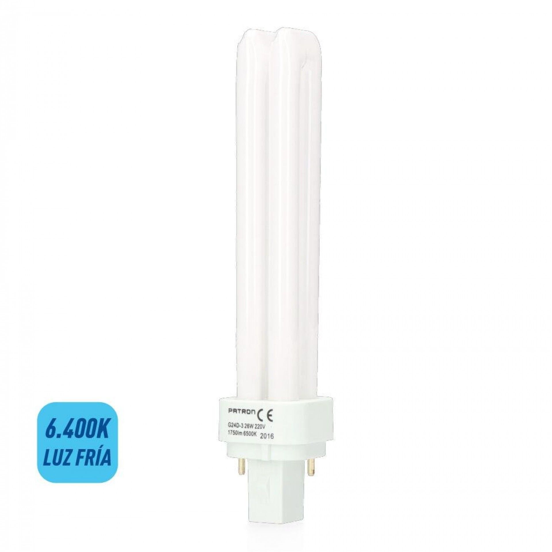 Lâmpada de baixo consumo lynx 26w 2 pins g24d-3 6400k luz fria 16,9cm refª 35665 PATRON