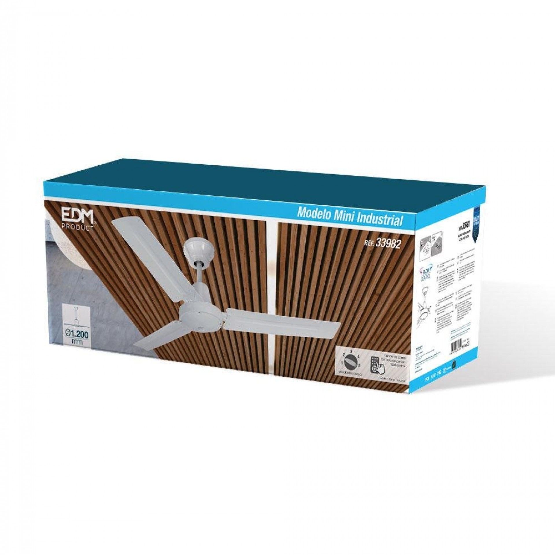 Ventoinha de teto mini industrial. cor branco potência: 60w lâminas: ø120cm com controlador de pared