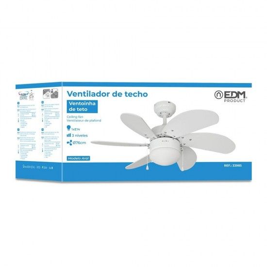 Ventoinha de teto modelo aral. cor blanco. potência: 50w lâminas: ø76cm refª 33985 EDM Ventoinha de teto modelo aral. cor blanco. potência: 50w lâminas: ø76cm refª 33985 EDM