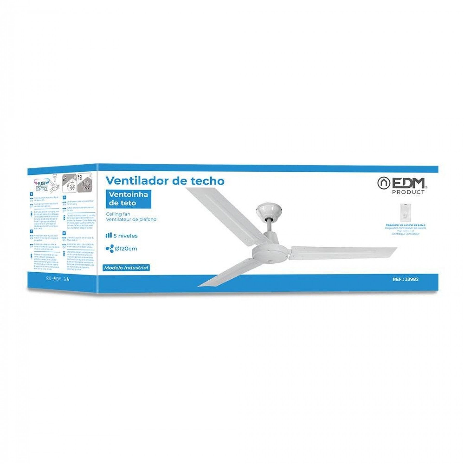 Ventoinha de teto mini industrial. cor branco potência: 60w lâminas: ø120cm com controlador de pared