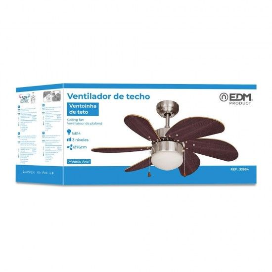 Ventoinha de teto modelo aral. cor wengue/cetim níquel potência: 50w lâminas: ø76cm refª 33984 EDM Ventoinha de teto modelo aral. cor wengue/cetim níquel potência: 50w lâminas: ø76cm refª 33984 EDM