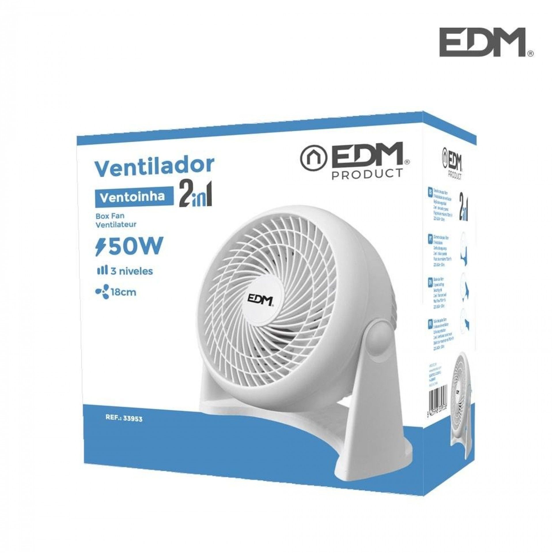 Ventoinha 2 em 1 (piso e parede) cor branco. potência: 50w lâminas: ø18cm 26,5x15,5x27,7cm refª 3395