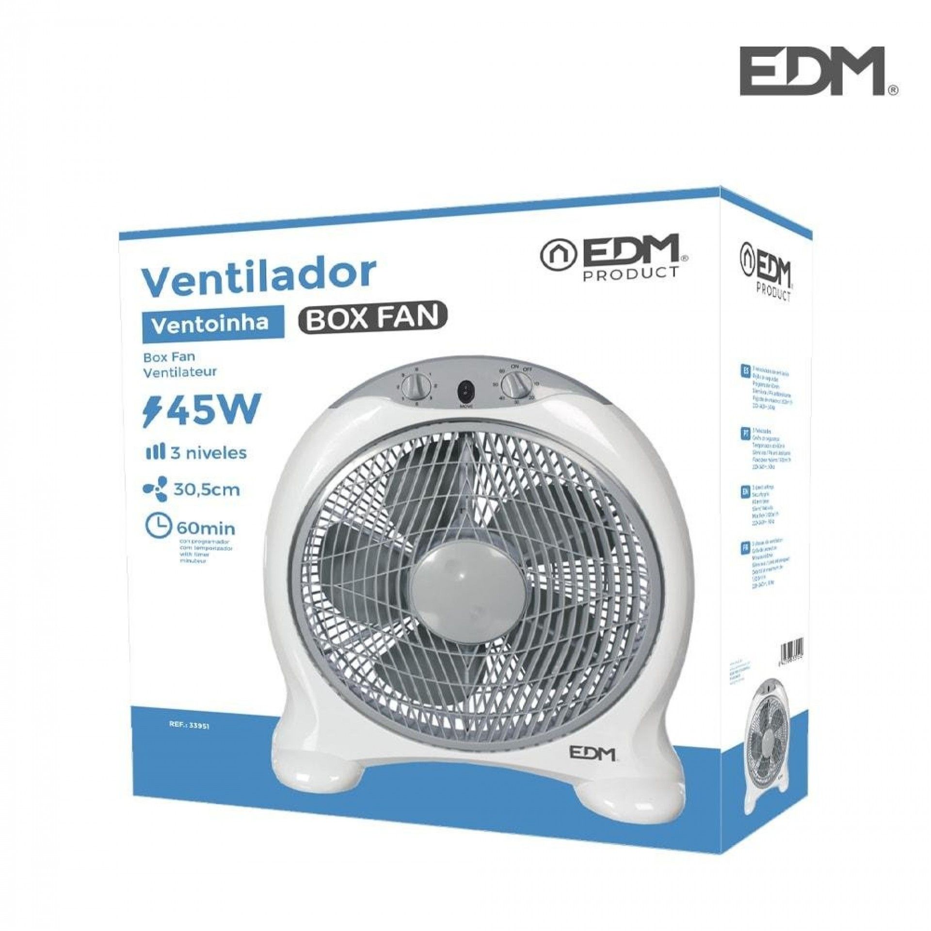 Ventoinha box fan cor branca/cinza. potencia: 45w lâminas: ø30,5cm 38,5x13x46cm refª 33951 EDM