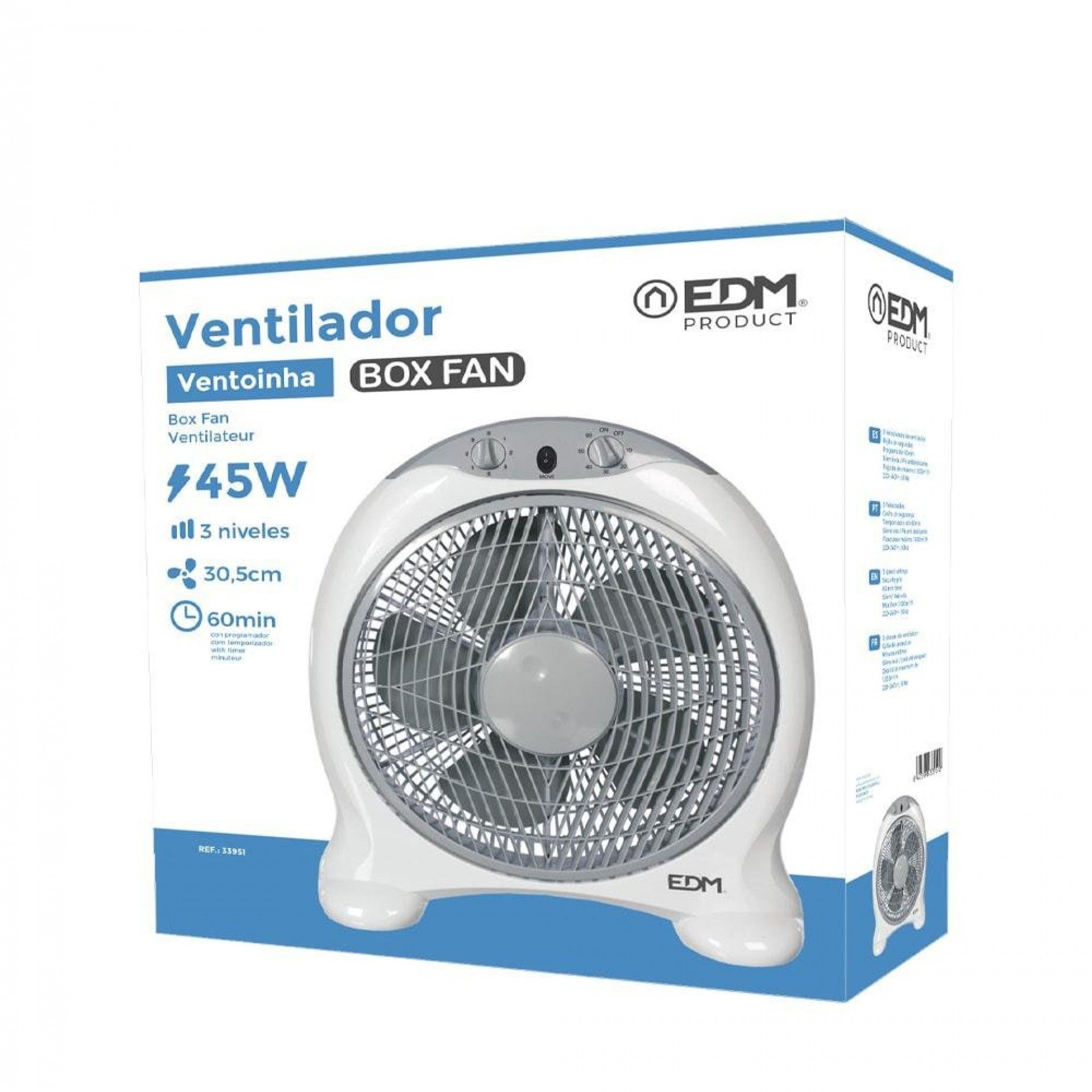 Ventoinha box fan cor branca/cinza. potencia: 45w lâminas: ø30,5cm 38,5x13x46cm refª 33951 EDM