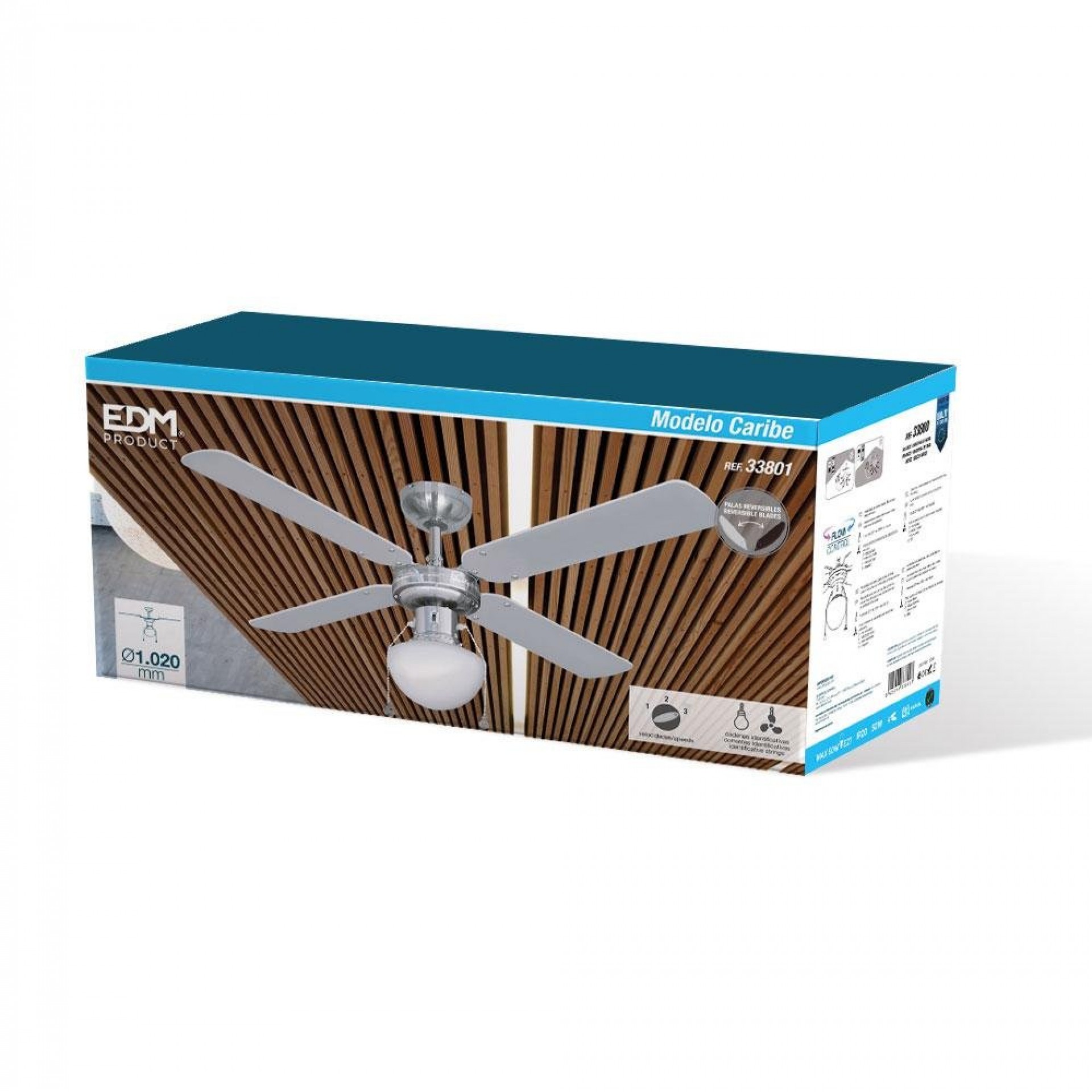Ventoinha de teto modelo caribe. cor cromado. potência: 50w lâminas: ø102cm refª 33801 EDM