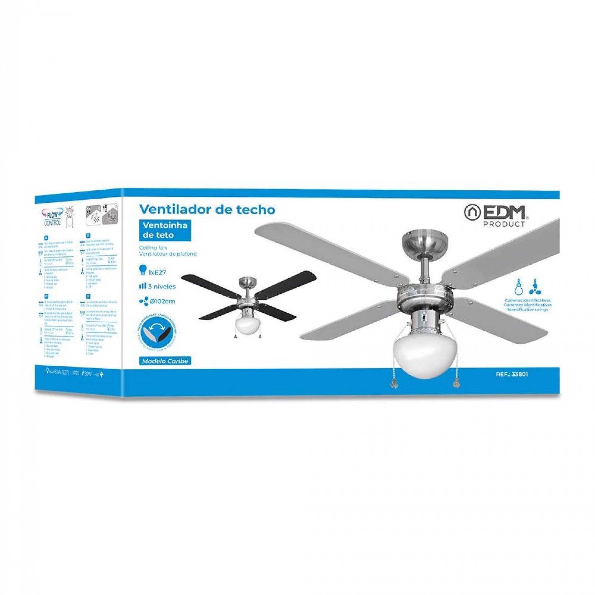 Ventoinha de teto modelo caribe. cor cromado. potência: 50w lâminas: ø102cm refª 33801 EDM