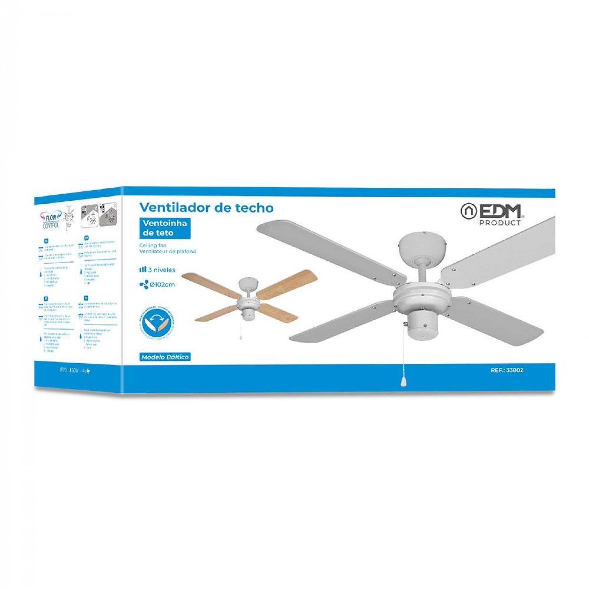 Ventoinha de teto modelo baltico. cor branco potência: 50w lâminas: ø102cm refª 33802 EDM